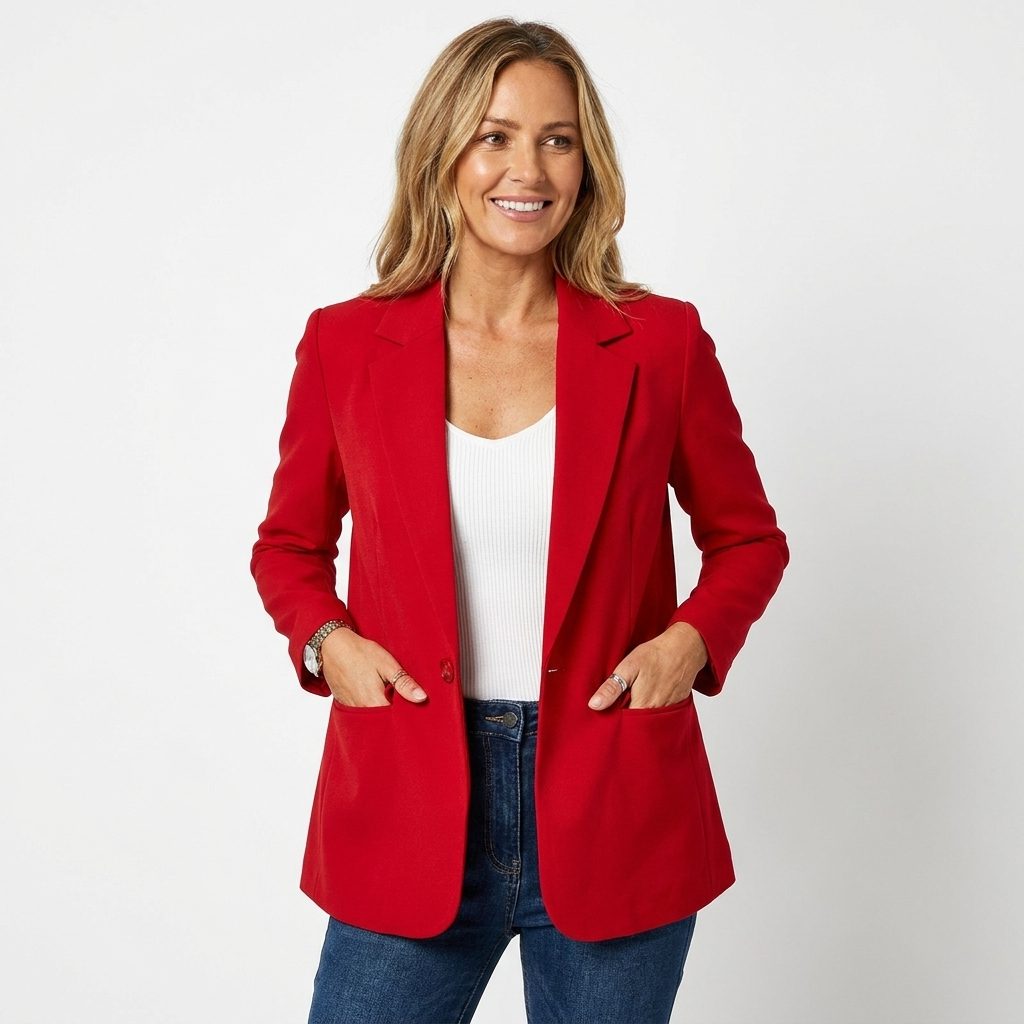Women's Single-Breasted Longline Blazer with Notch Lapel Red