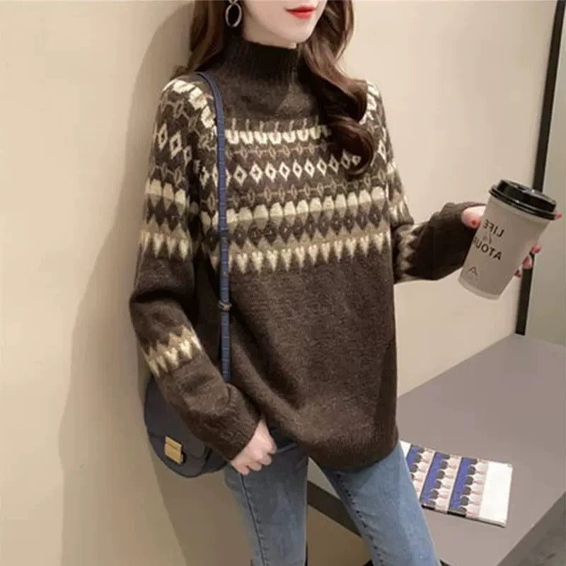 Women's Turtleneck Oversized Fair Isle Turtleneck Winter Brown