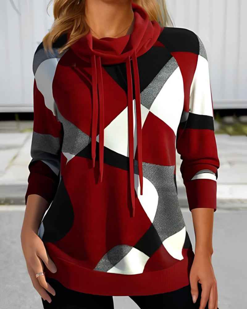 Women's Relaxed Fit Hoodie Pullover – Soft Knit Long Sleeve with Geometric Design Red