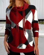 Women's Relaxed Fit Hoodie Pullover – Soft Knit Long Sleeve with Geometric Design Red