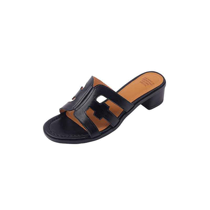 Women's Fashionable Simple Cowhide Low Heel Round Toe Slippers Black