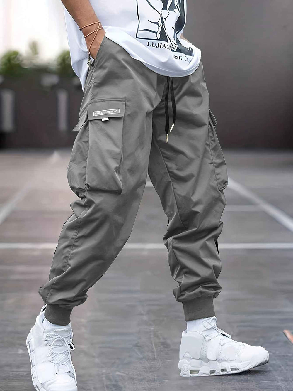 Men's Cargo Pants with Drawstring Gray
