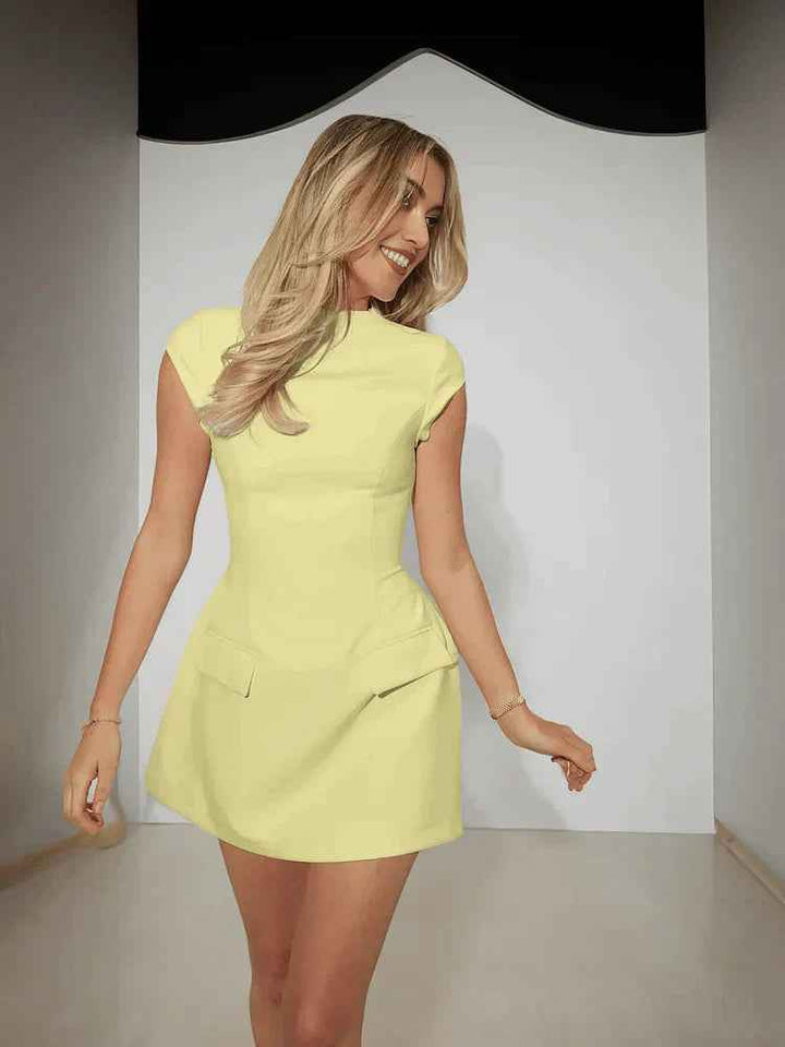 Women's A-Line Mini Dress – Fitted, Round Neck, Short Sleeves Yellow