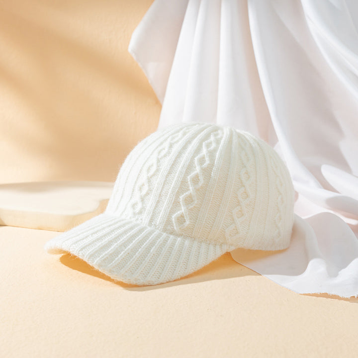 Women's Knitted Wool Keep Warm Solid Color Light Plate Peaked Cap White M Size 56 To 58cm