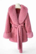 Women's Plush Faux Fur Trim Belted Coat with Statement Collar Pink