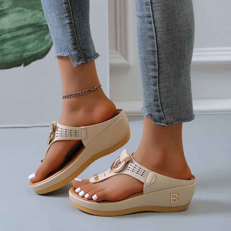 Women's High Heel Wedge Thong Sandals with Metal Accents