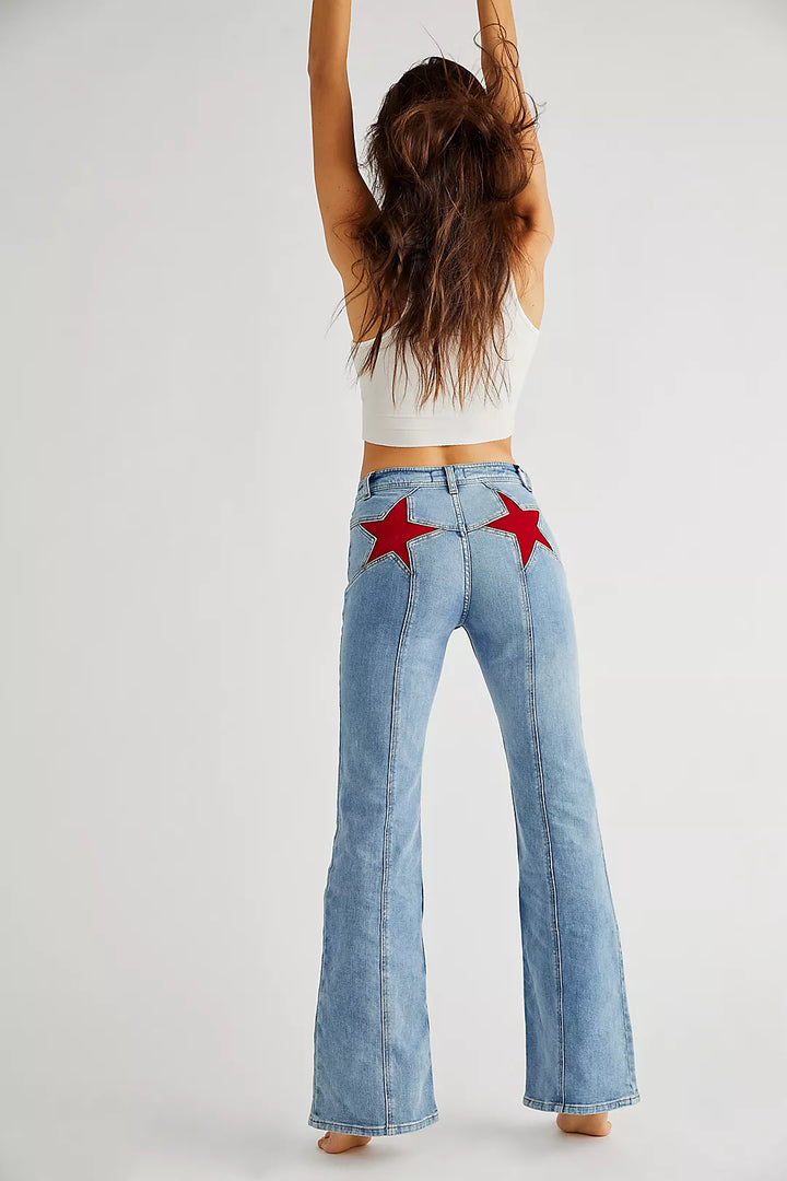 Flared High Waist Jeans with Red Stars for Women