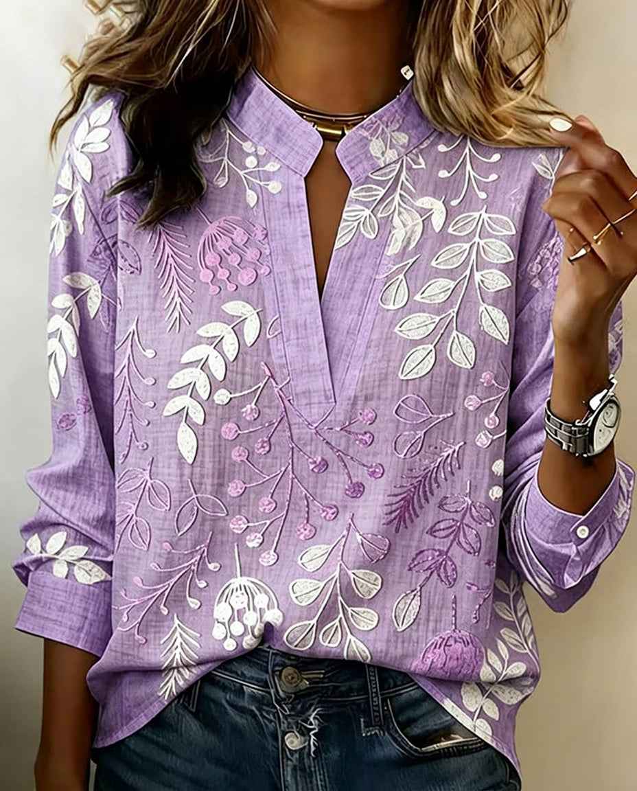 Women's Soft Touch Floral V-Neck Blouse in Pastel Colors Purple