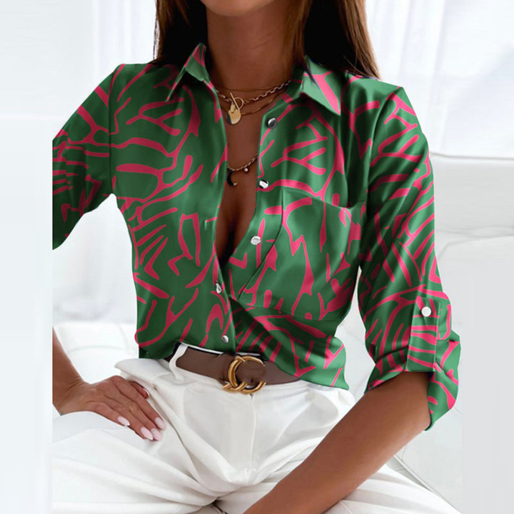 Women's Geometric Print Button-Down Blouse Dark Green