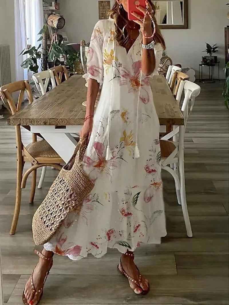 Gale | Women's V-Neck Midi Dress Beige