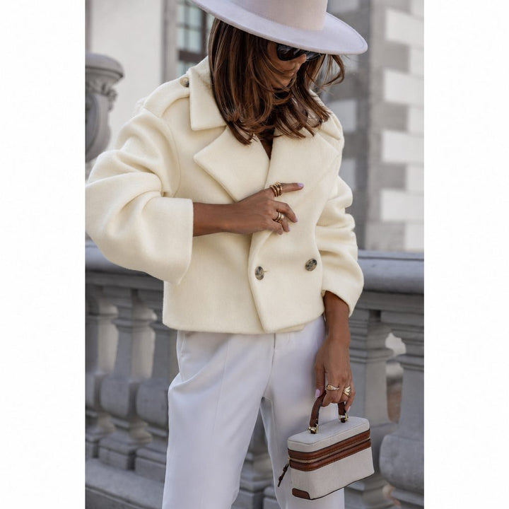 Women's Double-Breasted Cropped Blazer with Wide Lapel Cream White