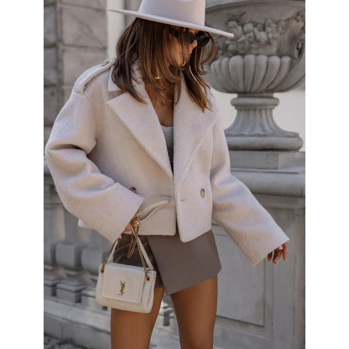 Women's Double-Breasted Cropped Blazer with Wide Lapel Apricot