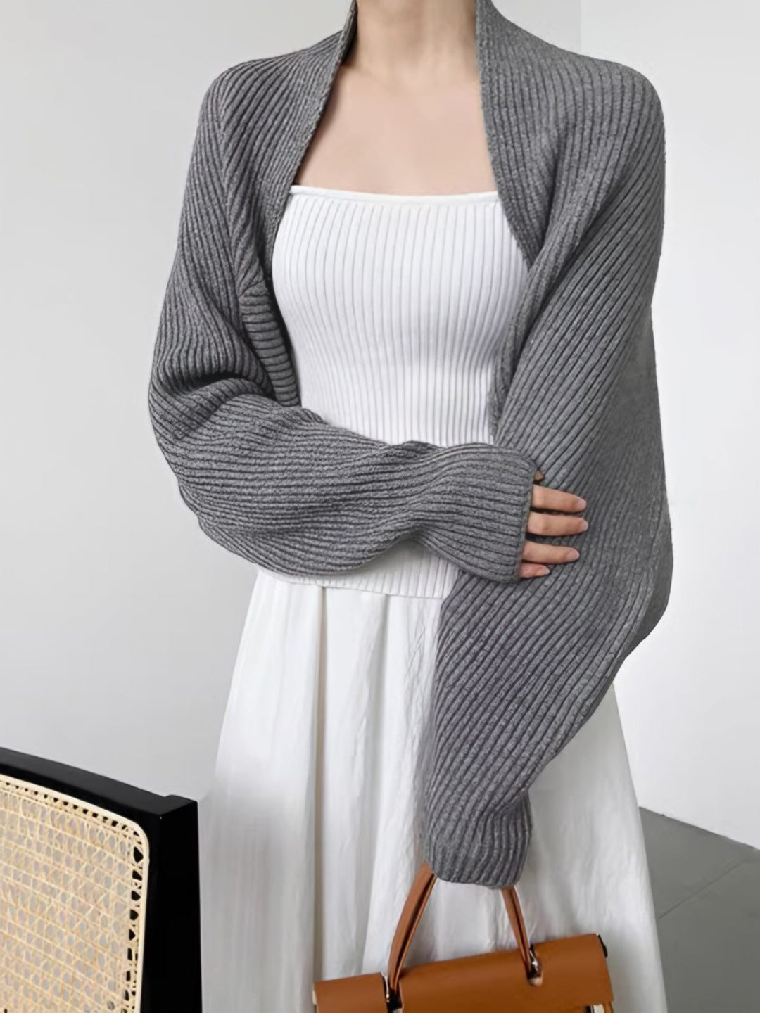 Women's Ribbed Knit Long Sleeve Cardigan Gray