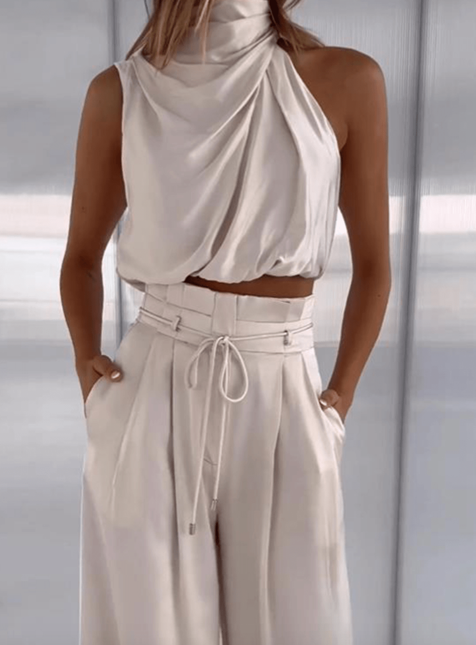 Women's Elegant Two-Piece Set – Halter Crop Top & High Waist Wide Leg Pants White Silver