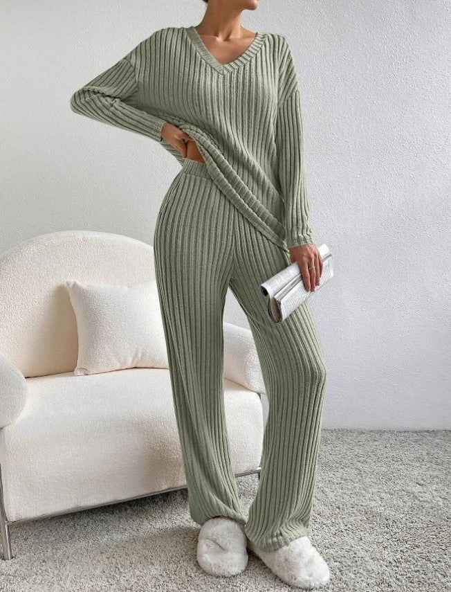 Women's Relaxed Fit Ribbed Lounge Set – Comfortable V-Neck Knit Green