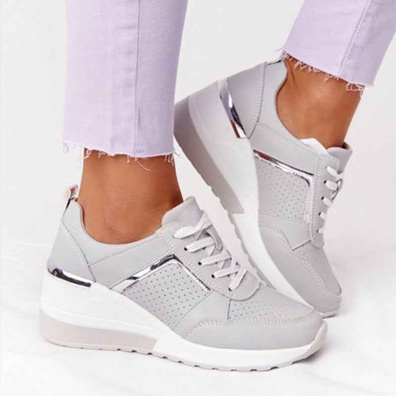 Women's Casual Lace-Up Wedge Sneakers with Shiny Details | Stylish Footwear Gray