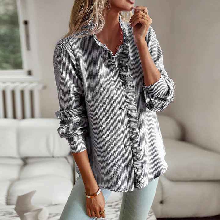 Women's Lightweight Ruffle Blouse - Long Sleeve with Classic Button Closure Grey