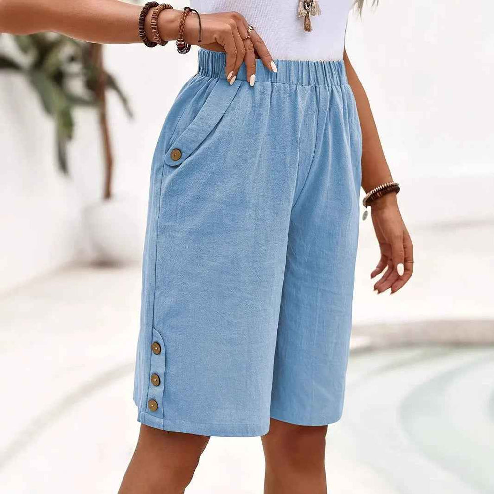 Women's Casual Shorts with Button Detail and Elastic Waistband Light Blue