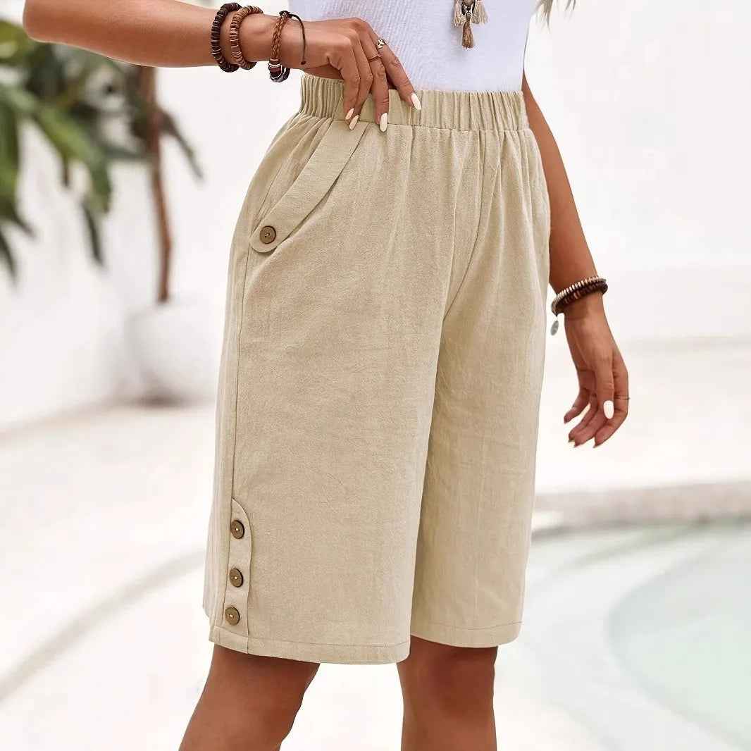 Women's Casual Shorts with Button Detail and Elastic Waistband Khaki