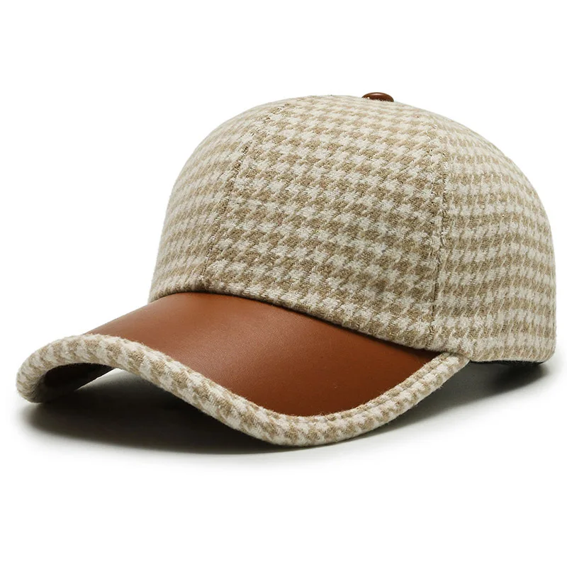 Houndstooth Pattern Leather Cap Khaki