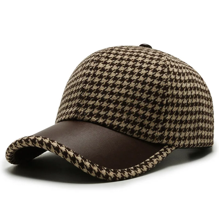 Houndstooth Pattern Leather Cap Brown