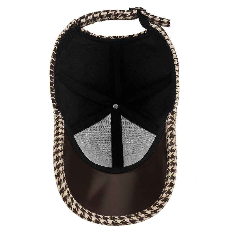 Houndstooth Pattern Leather Cap