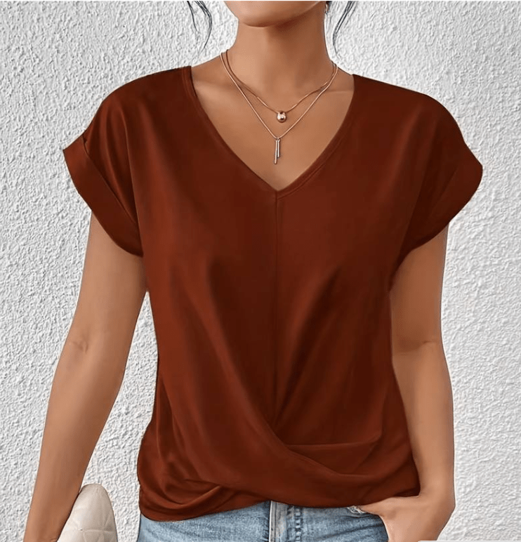 Hallie | Women's V-Neck Short Sleeve Twist Front Top Brown