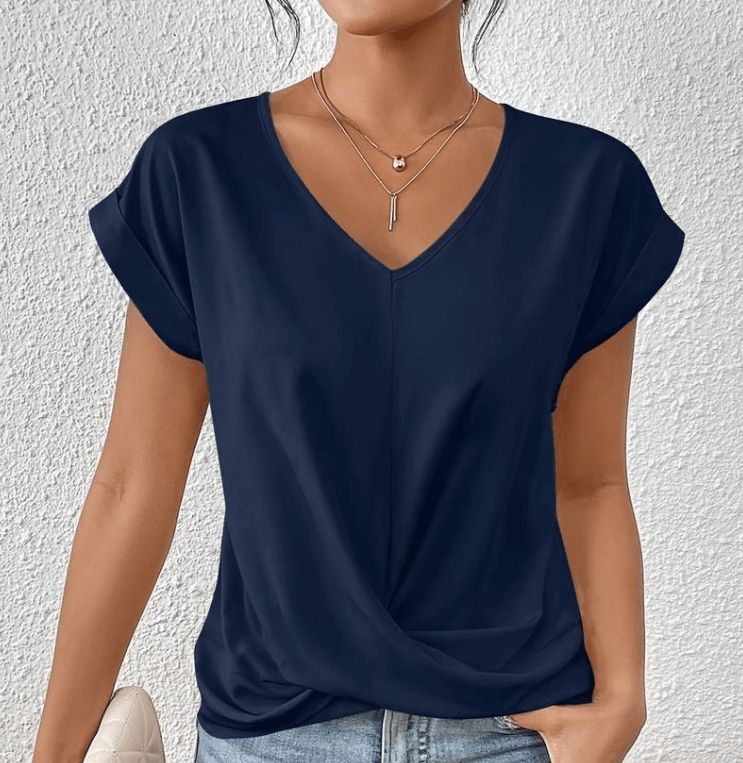 Hallie | Women's V-Neck Short Sleeve Twist Front Top Navy