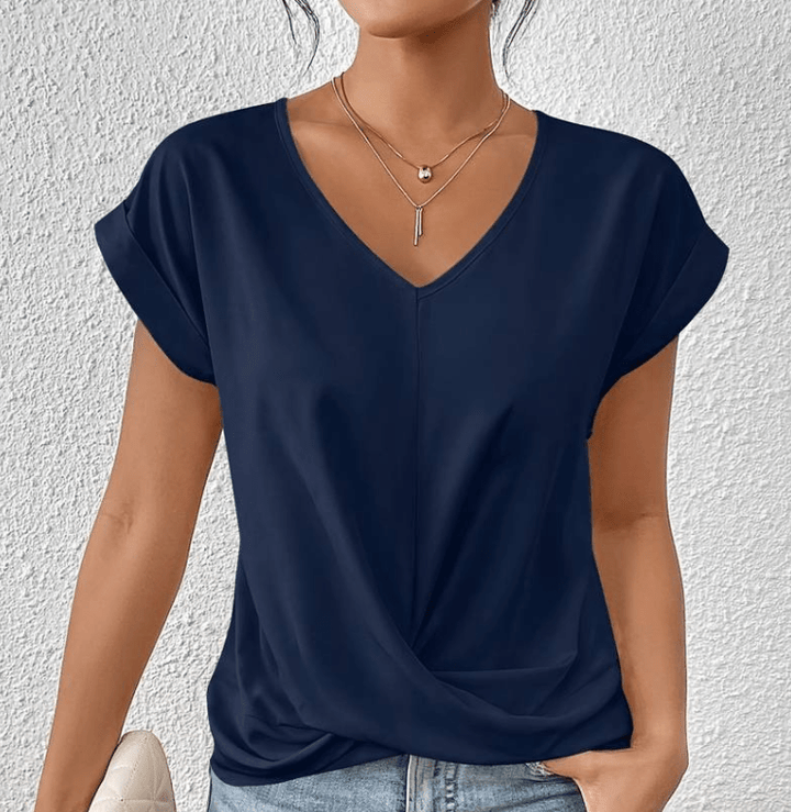 Hallie | Women's V-Neck Short Sleeve Twist Front Top Navy