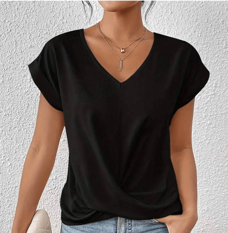 Hallie | Women's V-Neck Short Sleeve Twist Front Top Black