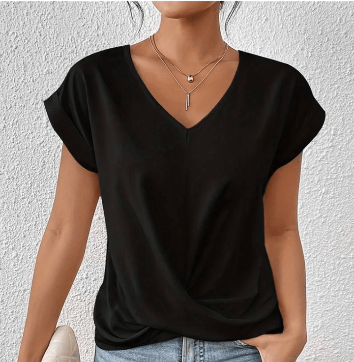 Hallie | Women's V-Neck Short Sleeve Twist Front Top Black