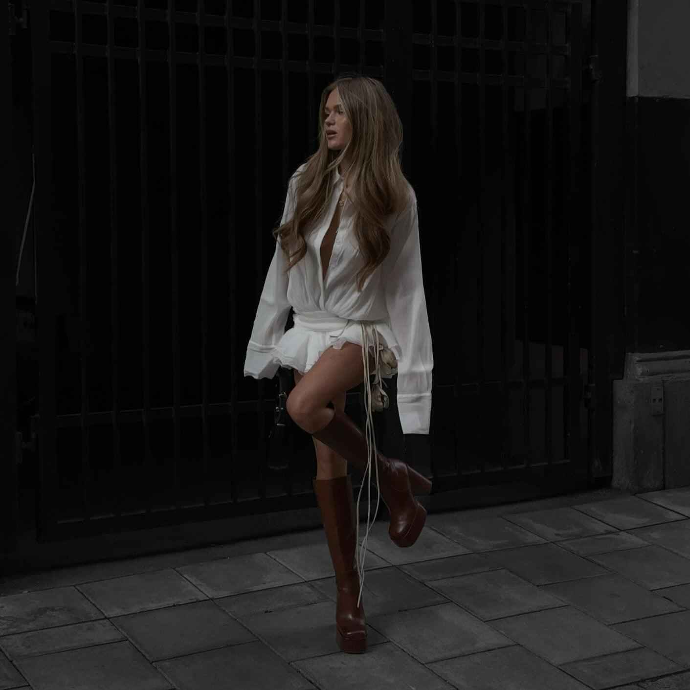 Women's Classic Long Sleeve Pleated Shirt Dress