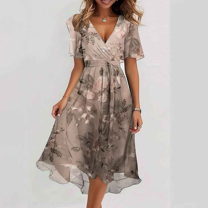 Harper | Women's V-Neck Wrap Midi Dress Beige