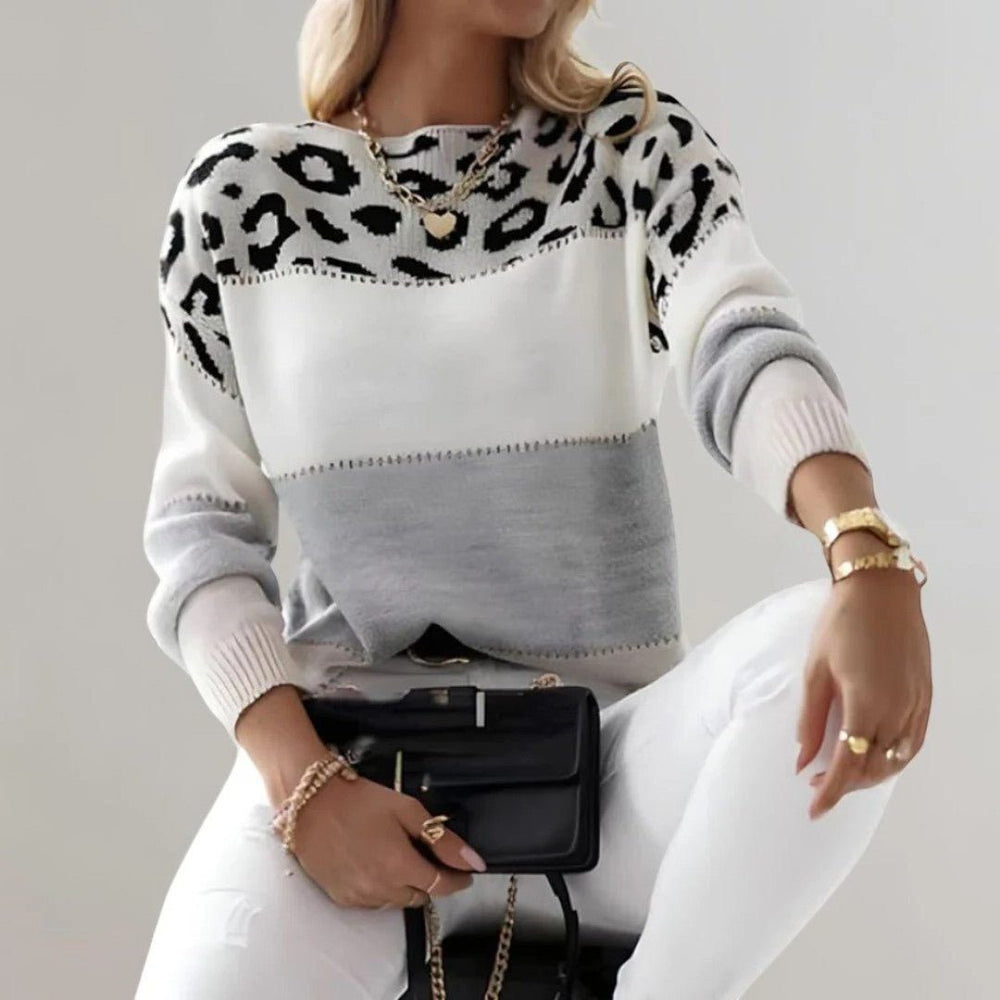 Women's Ribbed Knit Sweater with Crew Neck and Animal Print Gray