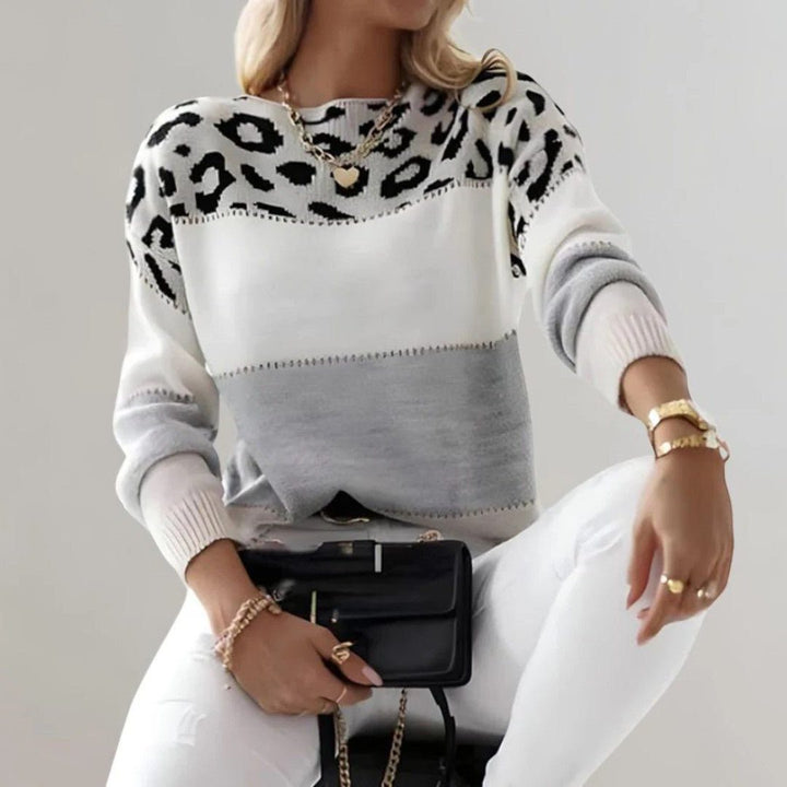 Women's Ribbed Knit Sweater with Crew Neck and Animal Print Gray