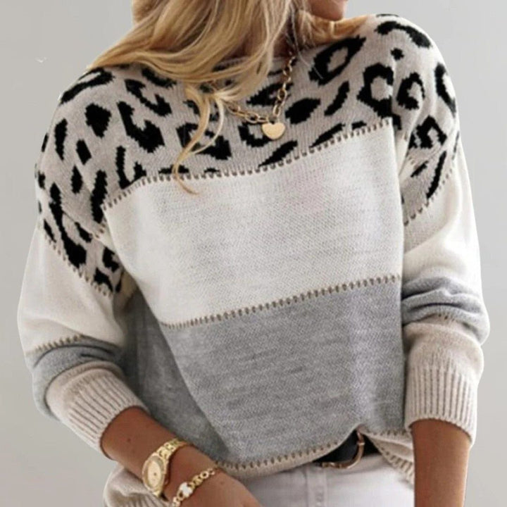 Women's Ribbed Knit Sweater with Crew Neck and Animal Print