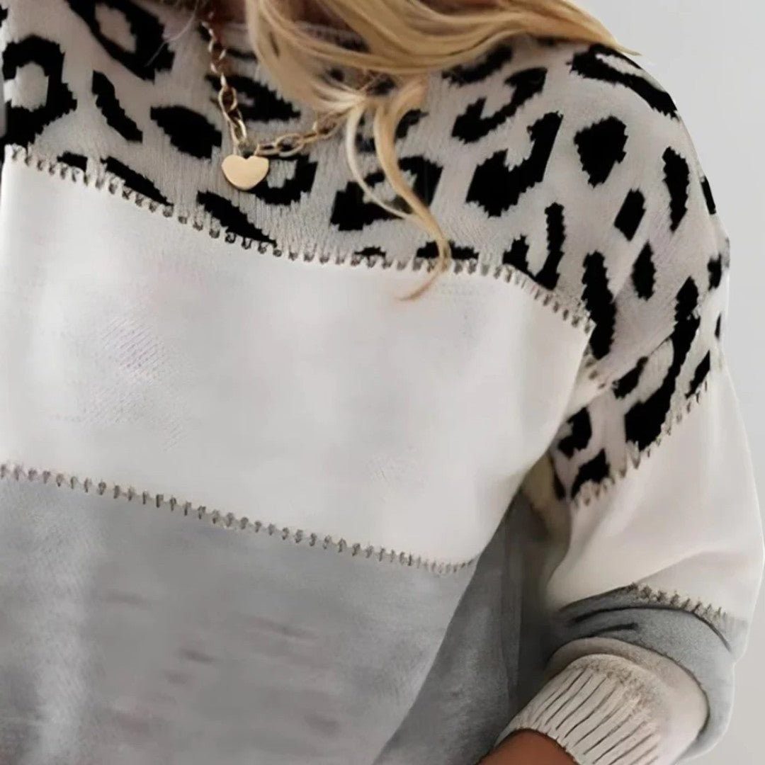 Women's Ribbed Knit Sweater with Crew Neck and Animal Print