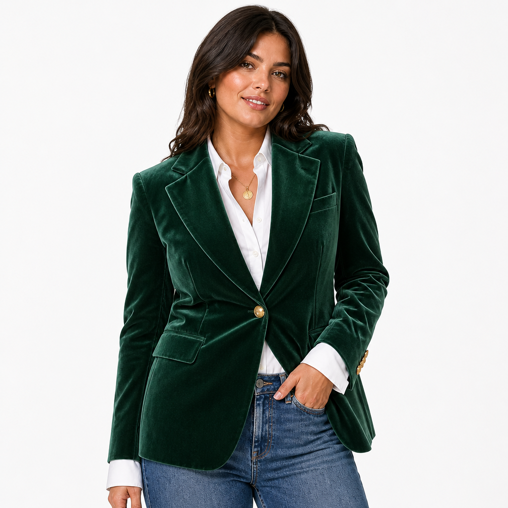 Women's Elegant Velvet Blazer | Tailored Jacket with Gold Accents