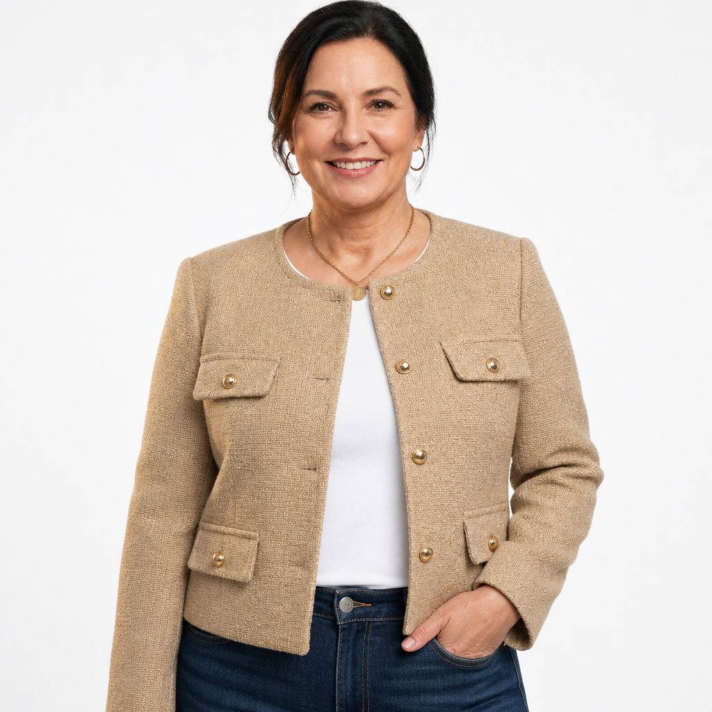 Blazer corto sartoriale da donna in tweed con dettagli dorati