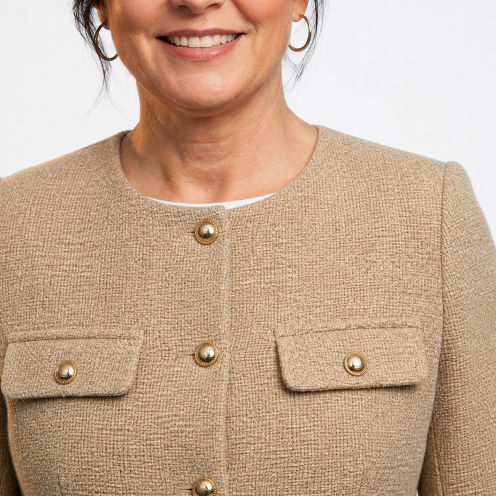 Blazer corto sartoriale da donna in tweed con dettagli dorati