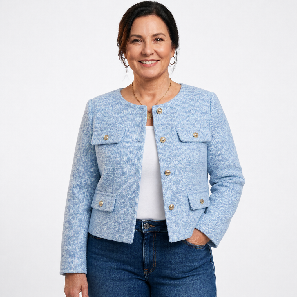 Blazer corto sartoriale da donna in tweed con dettagli dorati
