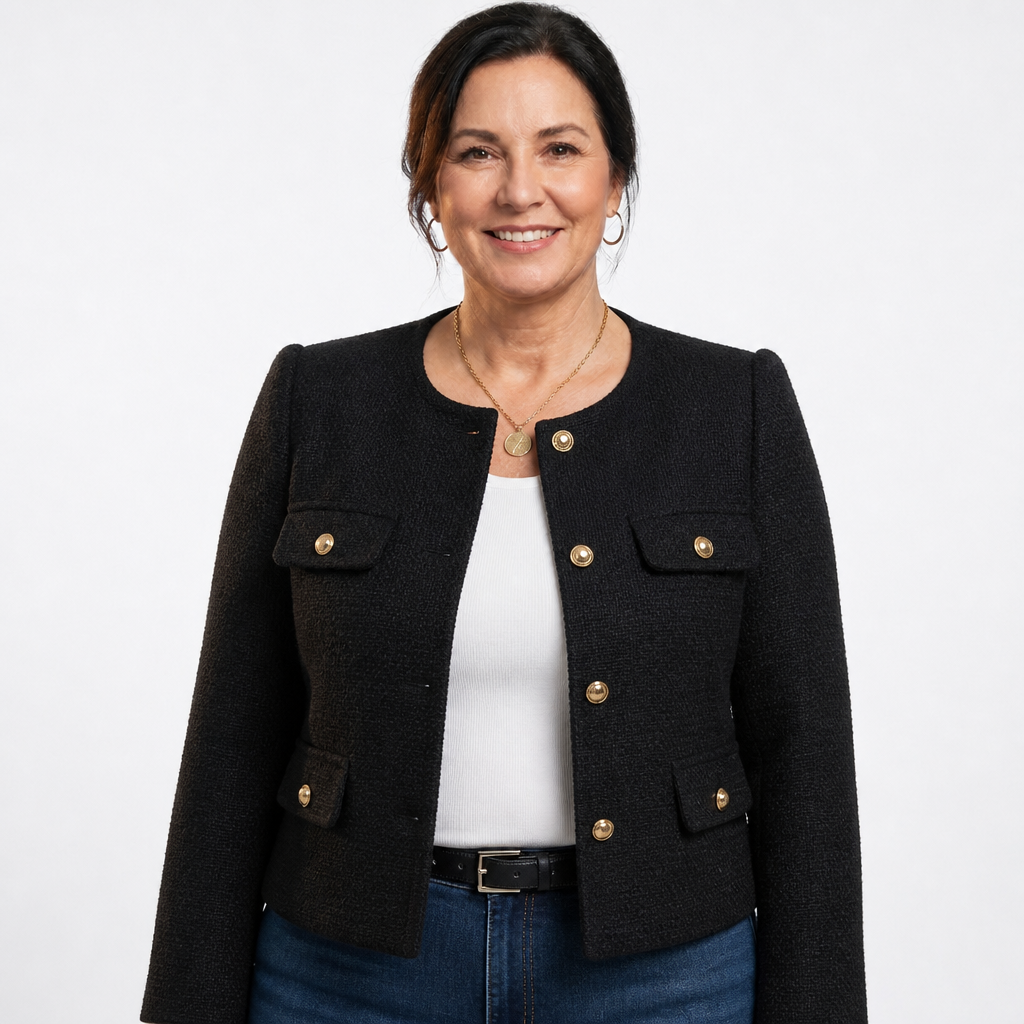 Blazer corto sartoriale da donna in tweed con dettagli dorati