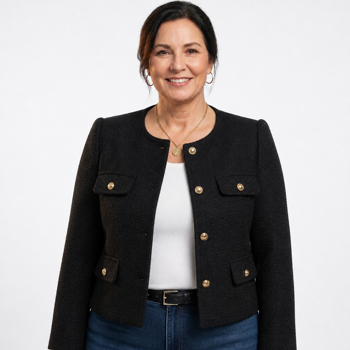 Blazer corto sartoriale da donna in tweed con dettagli dorati