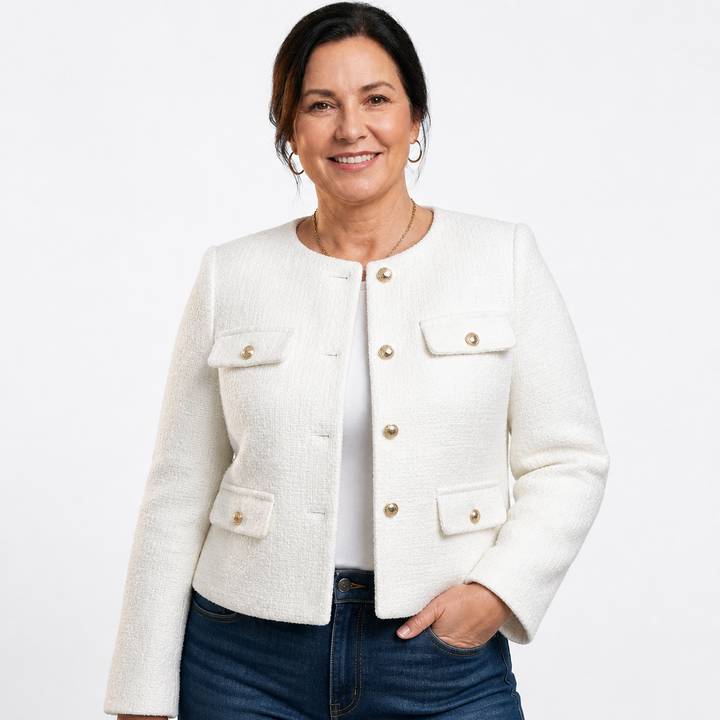 Blazer corto sartoriale da donna in tweed con dettagli dorati