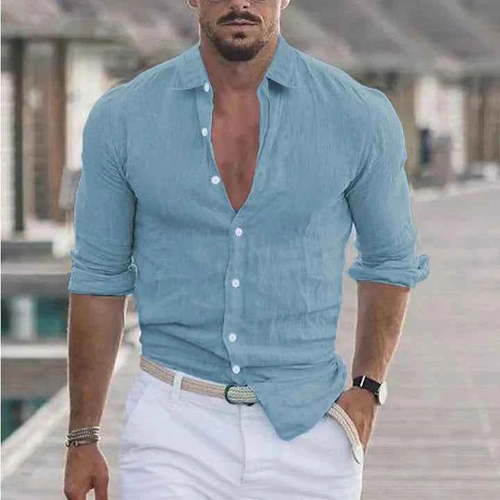 Men's Linen Shirt with Classic Turn-Down Collar Blue