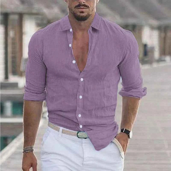 Men's Linen Shirt with Classic Turn-Down Collar Purple