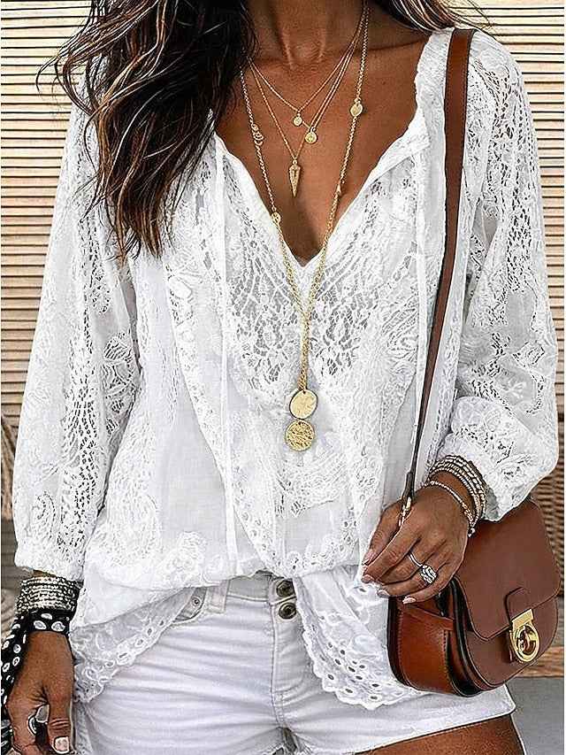 Women's Boho Lace-Detail Blouse White