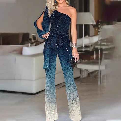 Women's One-Shoulder Gradient Disco Jumpsuit