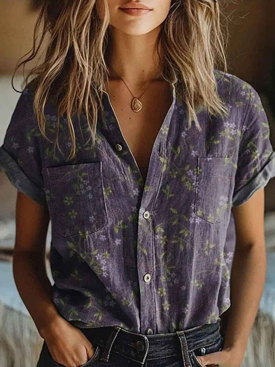Women's Floral Short Sleeve Blouse Purple