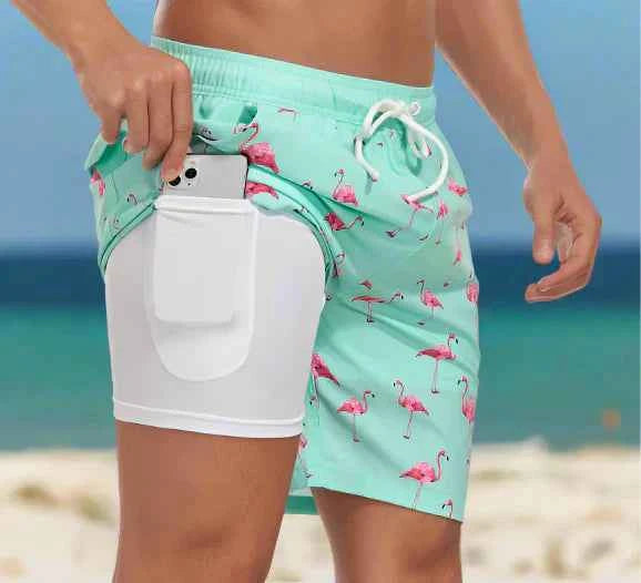 Men's Stylish Swim Shorts with Lining and Phone Pocket Mint flamingo